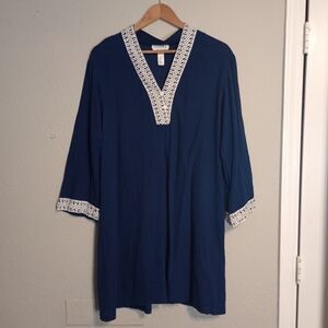 Oscar De La Renta 3/4 Sleeve Embroidered Cotton Tunic